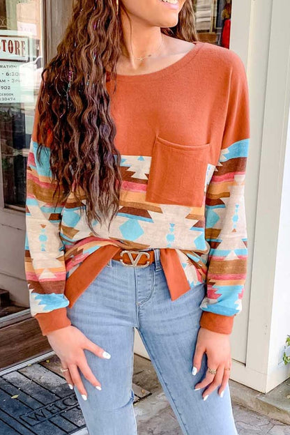 Geometric Round Neck Long Sleeve T-Shirt