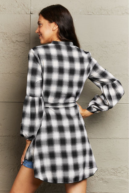 Plaid Tie Waist Lantern Sleeve Mini Dress