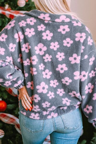 Flower Pattern Zip Up Dropped Shoulder Jacket