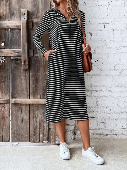 Striped Zip Front Hooded Dress