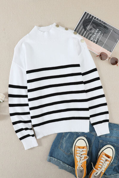 Striped Decorative Button Mock Neck Sweater