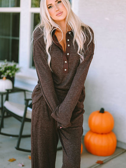 Buttoned Long Sleeve Top and Long Pants Lounge Set