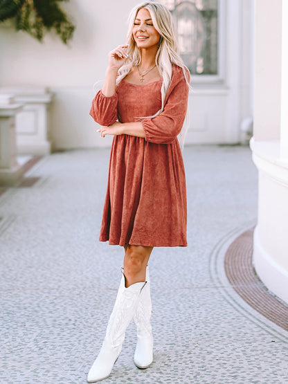 Square Neck Three-Quarter Sleeve Mini Dress