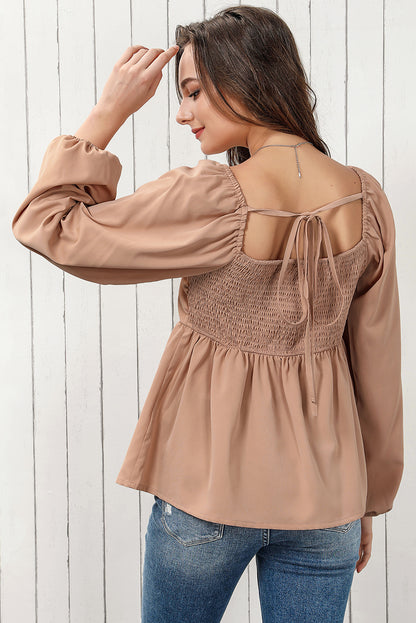 Tie Back Smocked Long Sleeve Babydoll Blouse