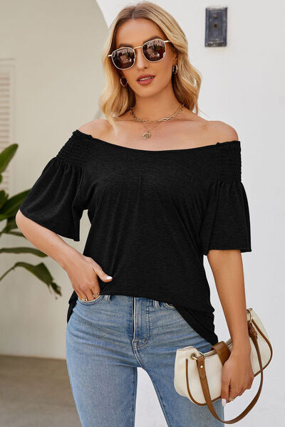 Smocked Round Neck Flutter Sleeve T-Shirt