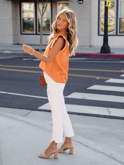 Ruffled Button Up Sleeveless Denim Jacket