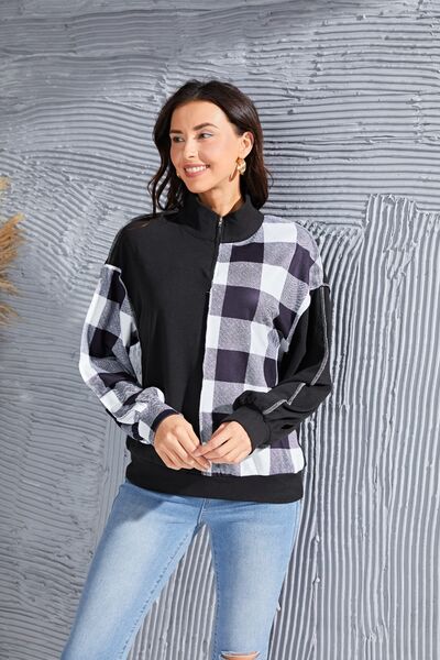 Plaid Exposed Seam Long Sleeve Blouse