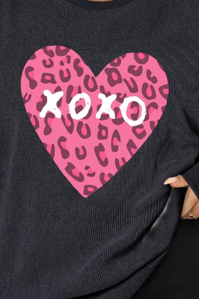 Plus Size XOXO Heart Round Neck Long Sleeve Sweatshirt