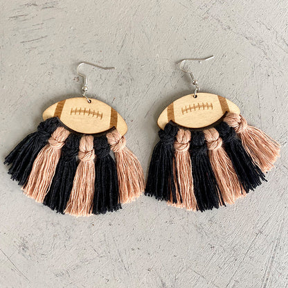 Fringe Detail Football Shape Wooden Dangle Earrings