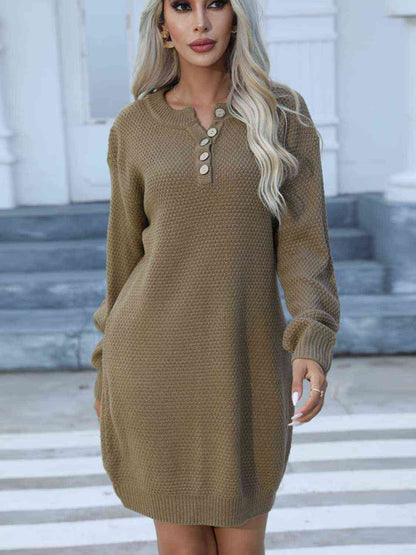 Buttoned Round Neck Long Sleeve Sweater Dress