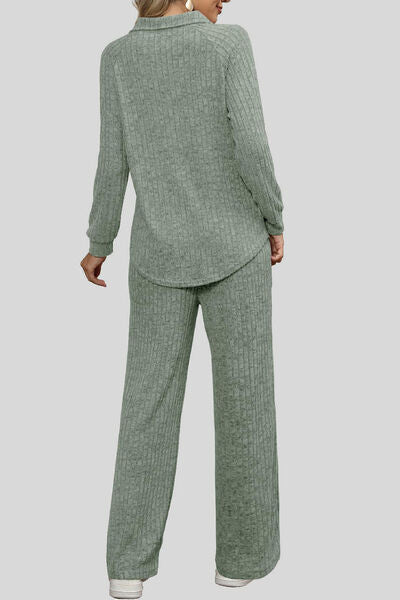 Ribbed Long Sleeve Top and Pocketed Pants Set