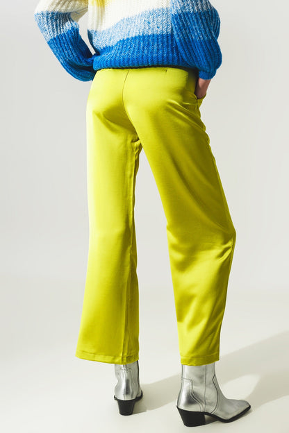 Wide Leg Satin Pants in Lime Green