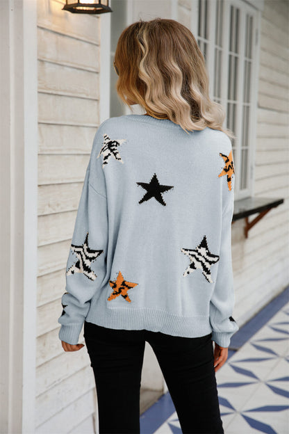 Star Pattern Round Neck Dropped Shoulder Sweater