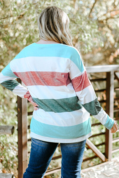 Plus Size Striped Slit Long Sleeve T-Shirt