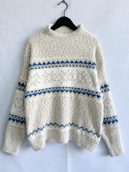 Geometric Mock Neck Dropped Shoulder Sweater