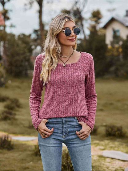 Full Size Ribbed Square Neck Long Sleeve T-Shirt