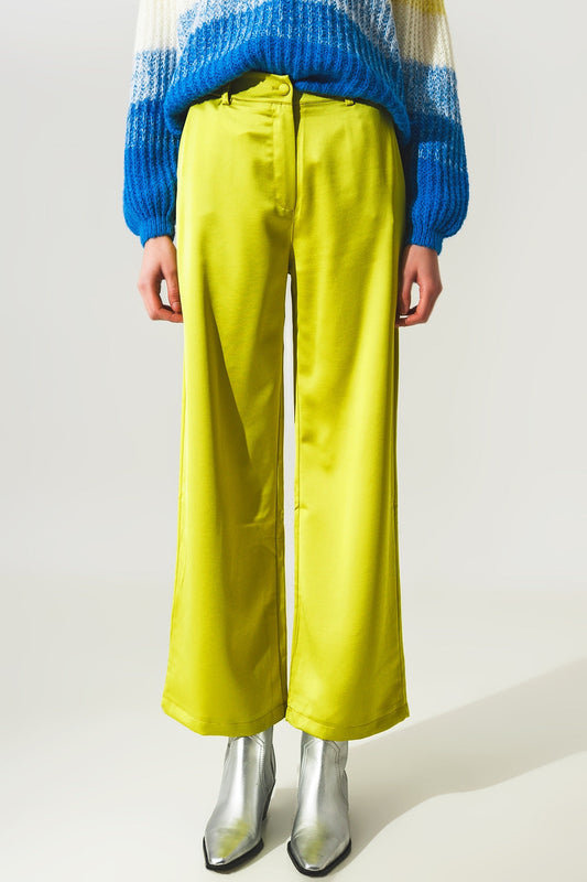 Wide Leg Satin Pants in Lime Green