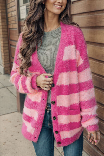 Striped Button Up Fuzzy Cardigan with Pockets