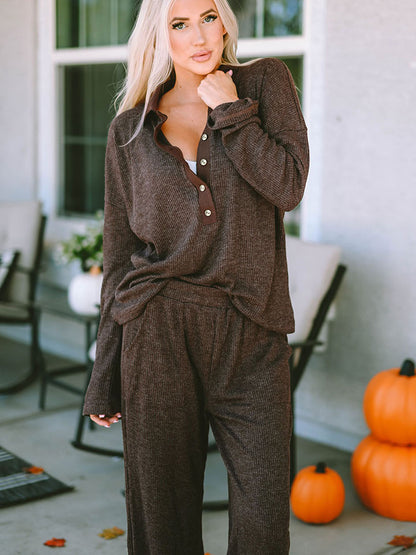 Buttoned Long Sleeve Top and Long Pants Lounge Set