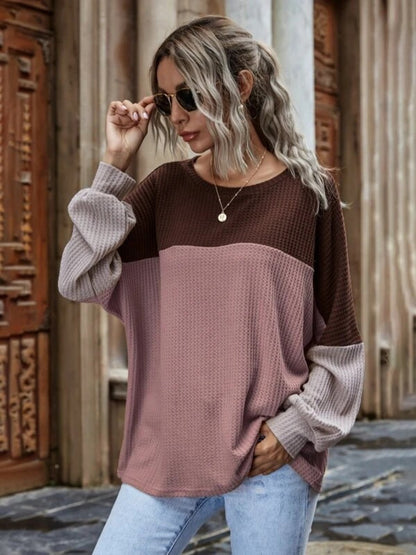 Color Block Waffle-Knit Long Sleeve Top