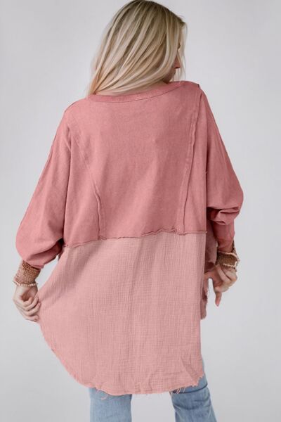 Contrast Texture Round Neck Long Sleeve Blouse