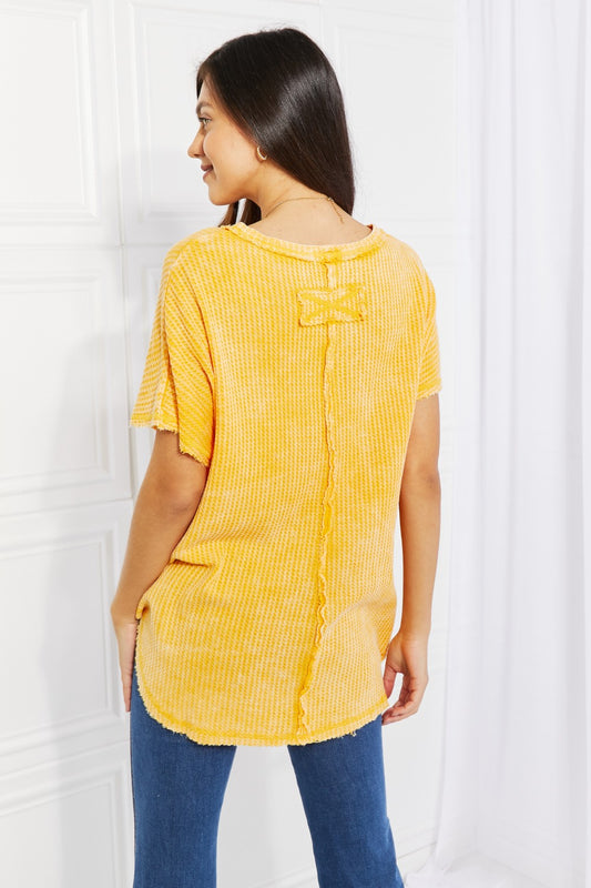 Zenana Start Small Washed Waffle Knit Top in Yellow Gold