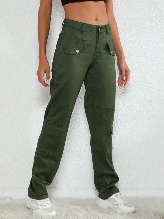 Full Size Button Fly Cargo Jeans- Army