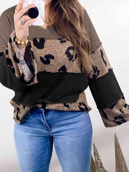 Color Block Leopard V-Neck Blouse