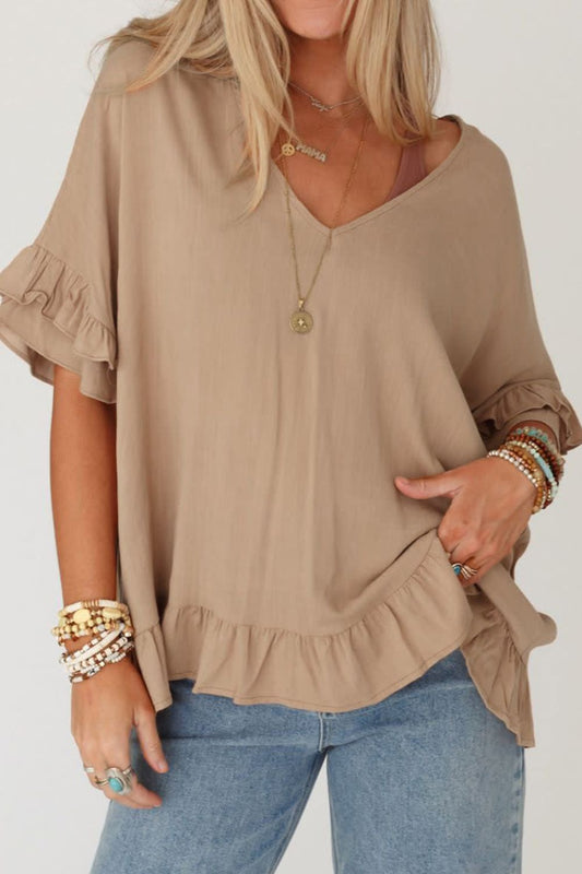 Ruffled V-Neck Half Sleeve Blouse