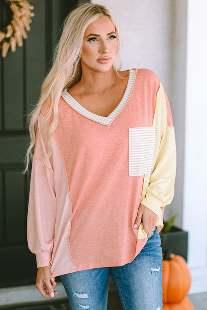 Color Block V-Neck Dropped Shoulder Sweatshirt with Pocket