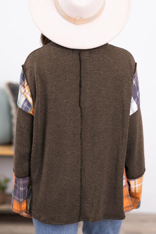 Plaid Exposed Seam Round Neck Sweatshirt